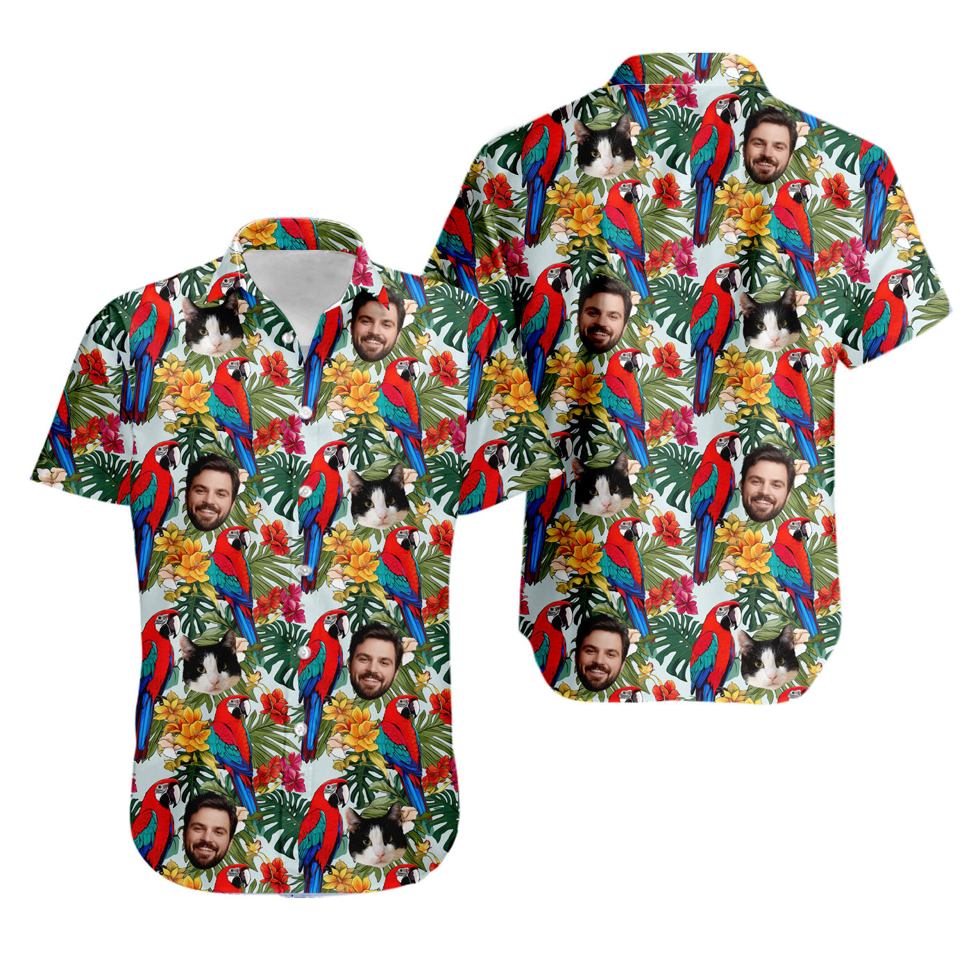 Retro Tropical Aloha Parrot Unisex Hawaiian Shirt with Pet or Human Face on it