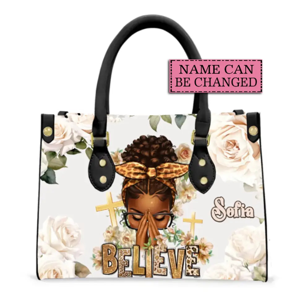 Believe Praying Afro Messy Bun Black Women Personalized HandBags for Women