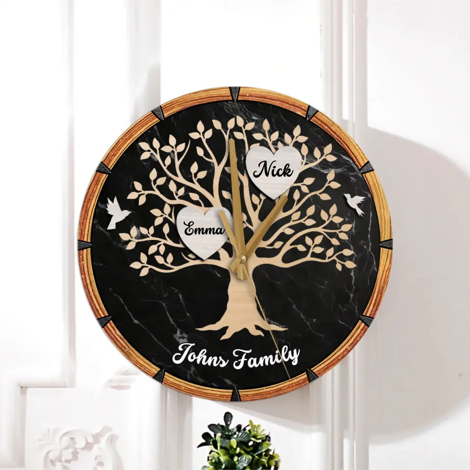 Gift for Family Tree with Name on Wooden Clock