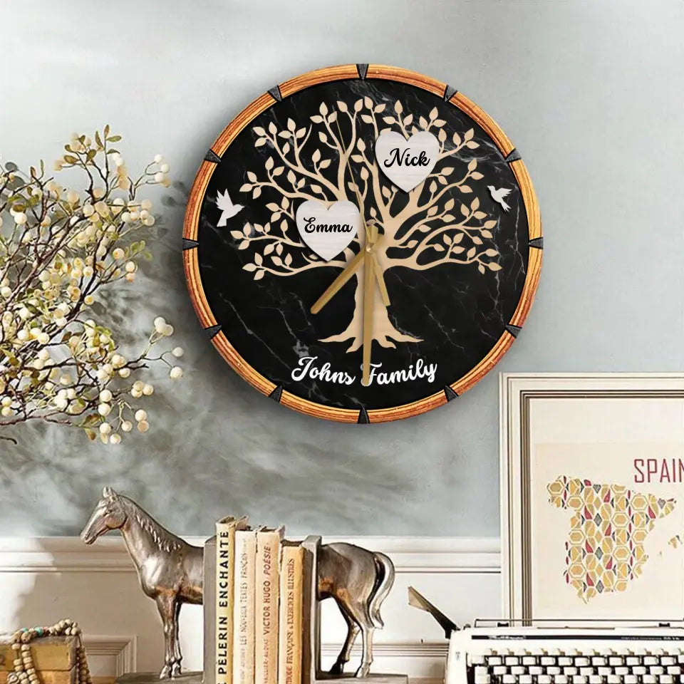 Gift for Family Tree with Name on Wooden Clock