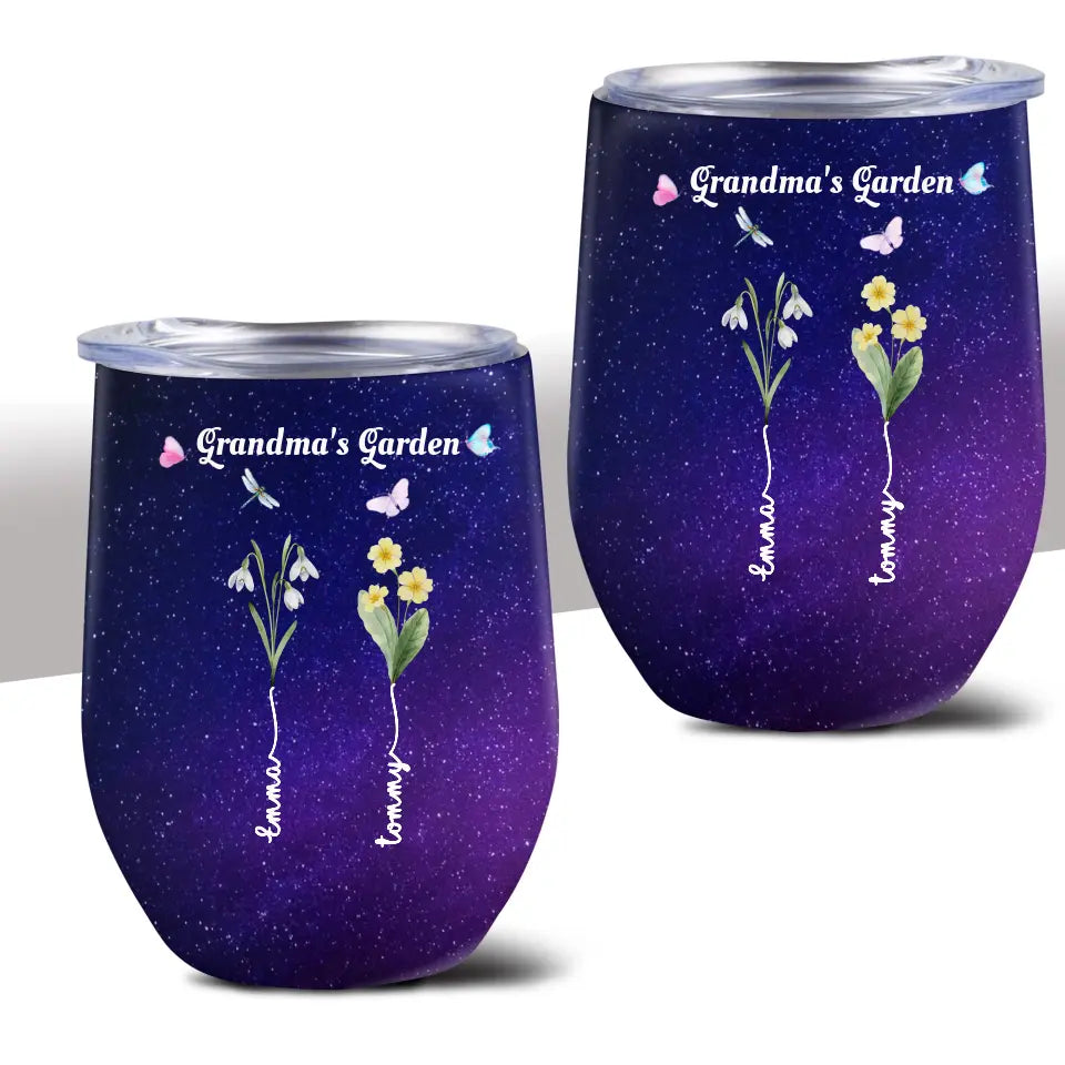 Grandma's Garden with Kids' Birth Month Flowers and Names Galaxy Wine Tumbler