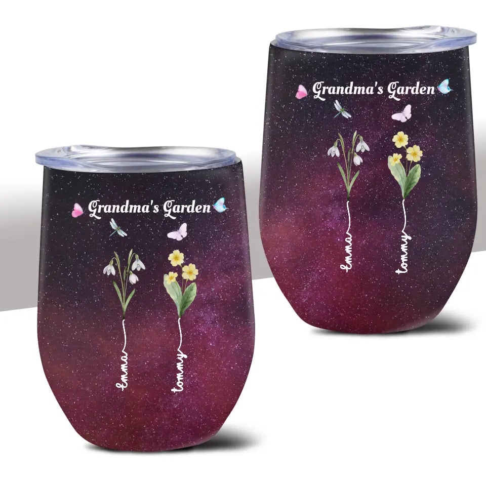 Grandma's Garden with Kids' Birth Month Flowers and Names Galaxy Wine Tumbler