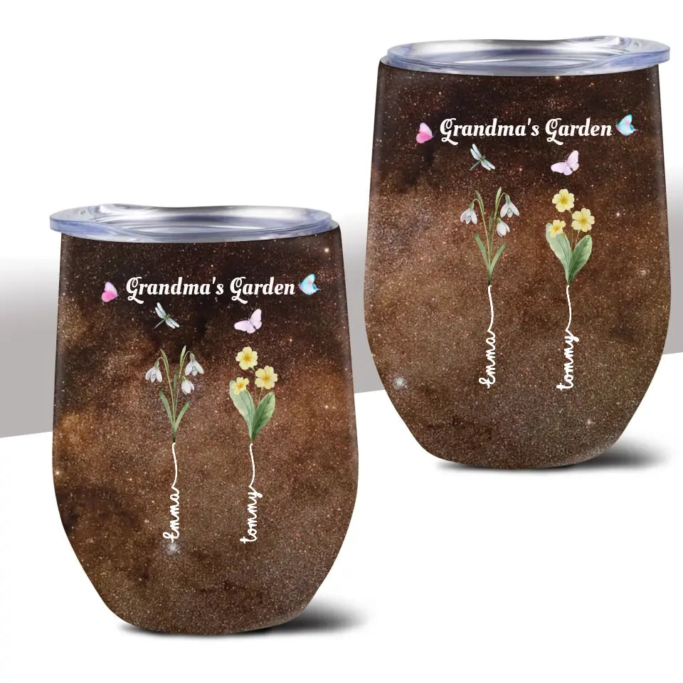 Grandma's Garden with Kids' Birth Month Flowers and Names Galaxy Wine Tumbler