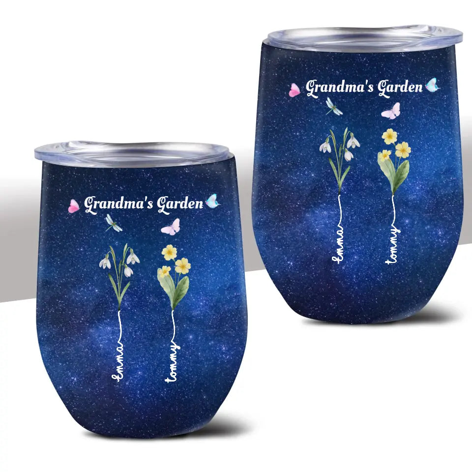 Grandma's Garden with Kids' Birth Month Flowers and Names Galaxy Wine Tumbler