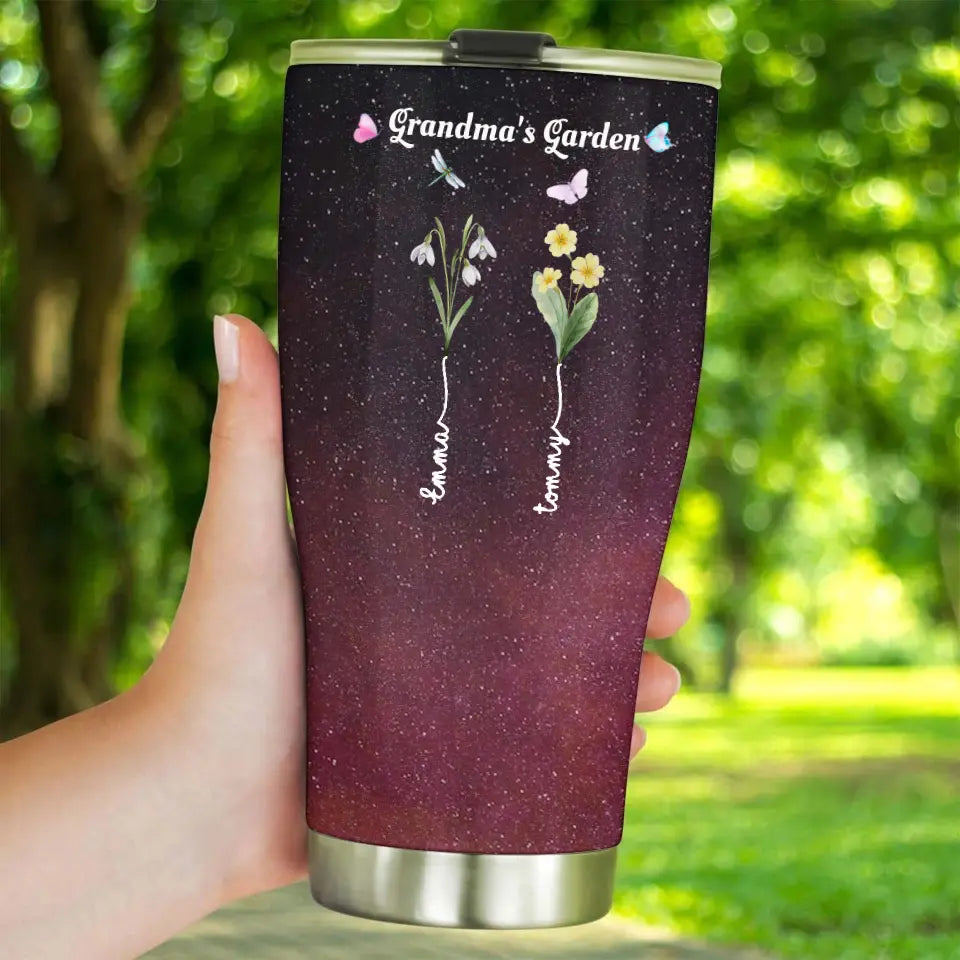 Grandma's Garden with Kids' Birth Month Flowers and Names Galaxy 30oz Tumbler