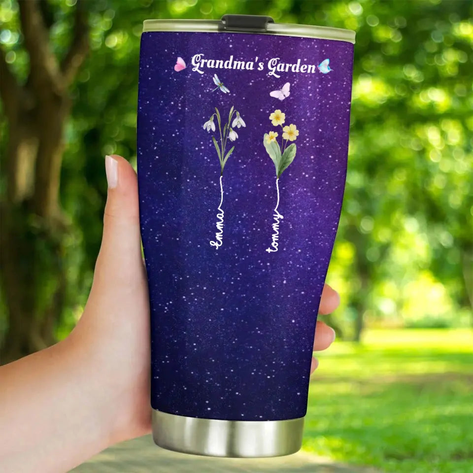 Grandma's Garden with Kids' Birth Month Flowers and Names Galaxy 30oz Tumbler