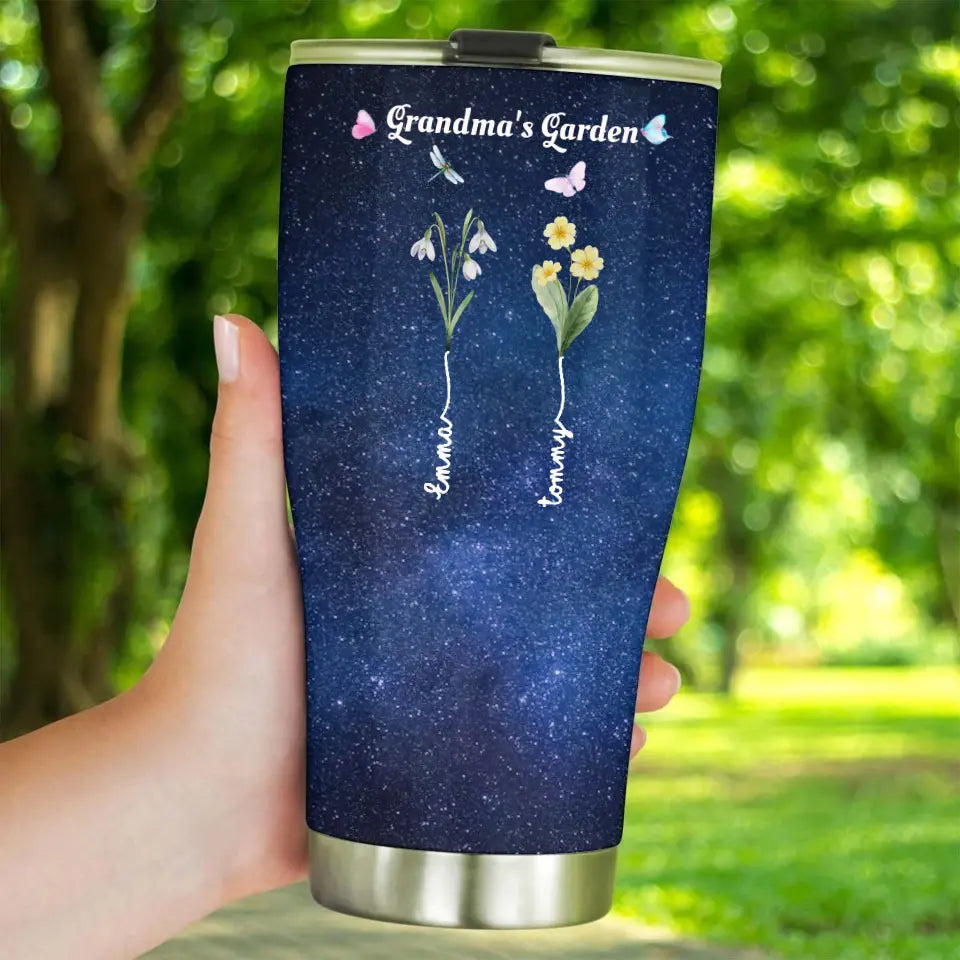 Grandma's Garden with Kids' Birth Month Flowers and Names Galaxy 30oz Tumbler