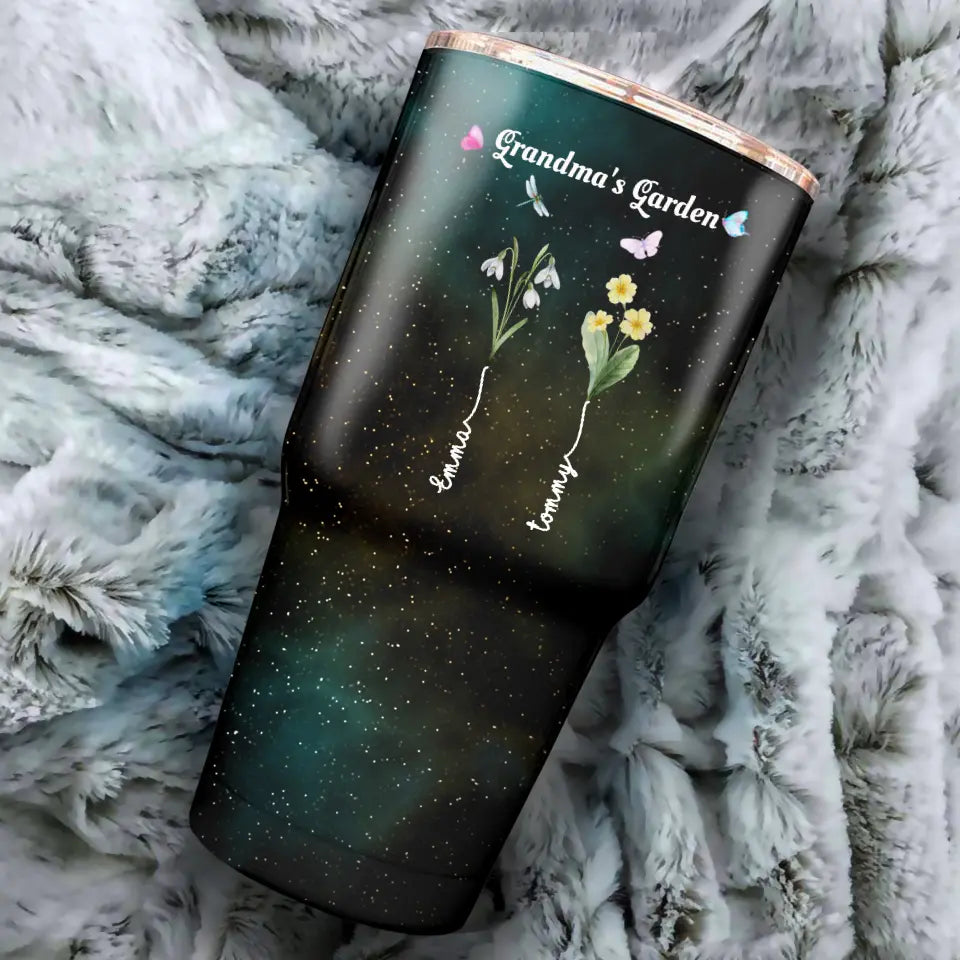 Grandma's Garden with Kids' Birth Month Flowers and Names Galaxy 30oz Tumbler
