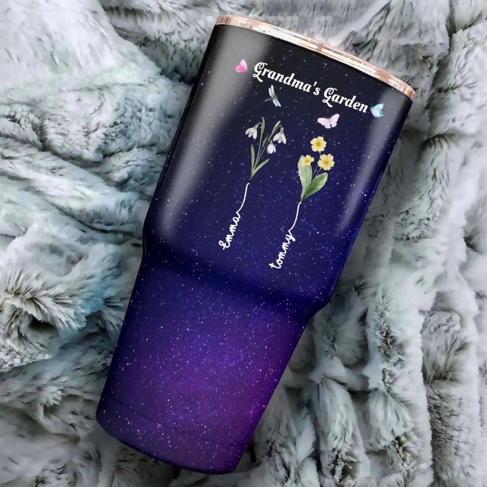 Grandma's Garden with Kids' Birth Month Flowers and Names Galaxy 30oz Tumbler