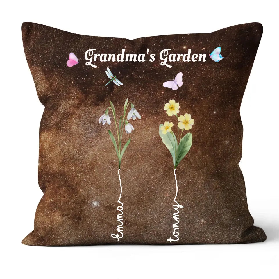 Grandma's Garden with Kids' Birth Month Flowers and Names Galaxy Pillow
