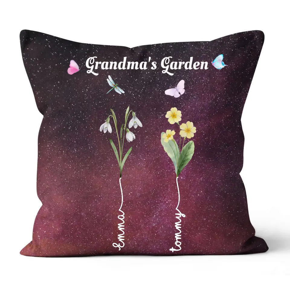 Grandma's Garden with Kids' Birth Month Flowers and Names Galaxy Pillow