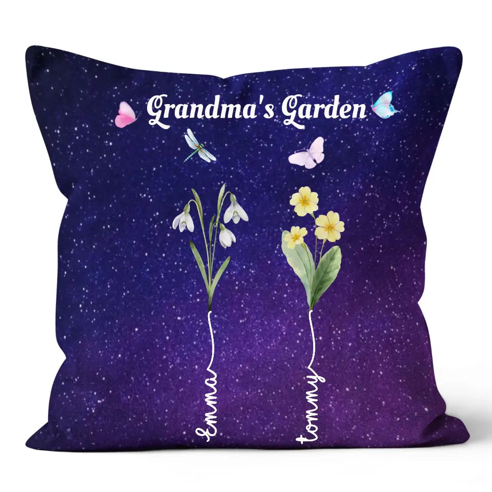 Grandma's Garden with Kids' Birth Month Flowers and Names Galaxy Pillow
