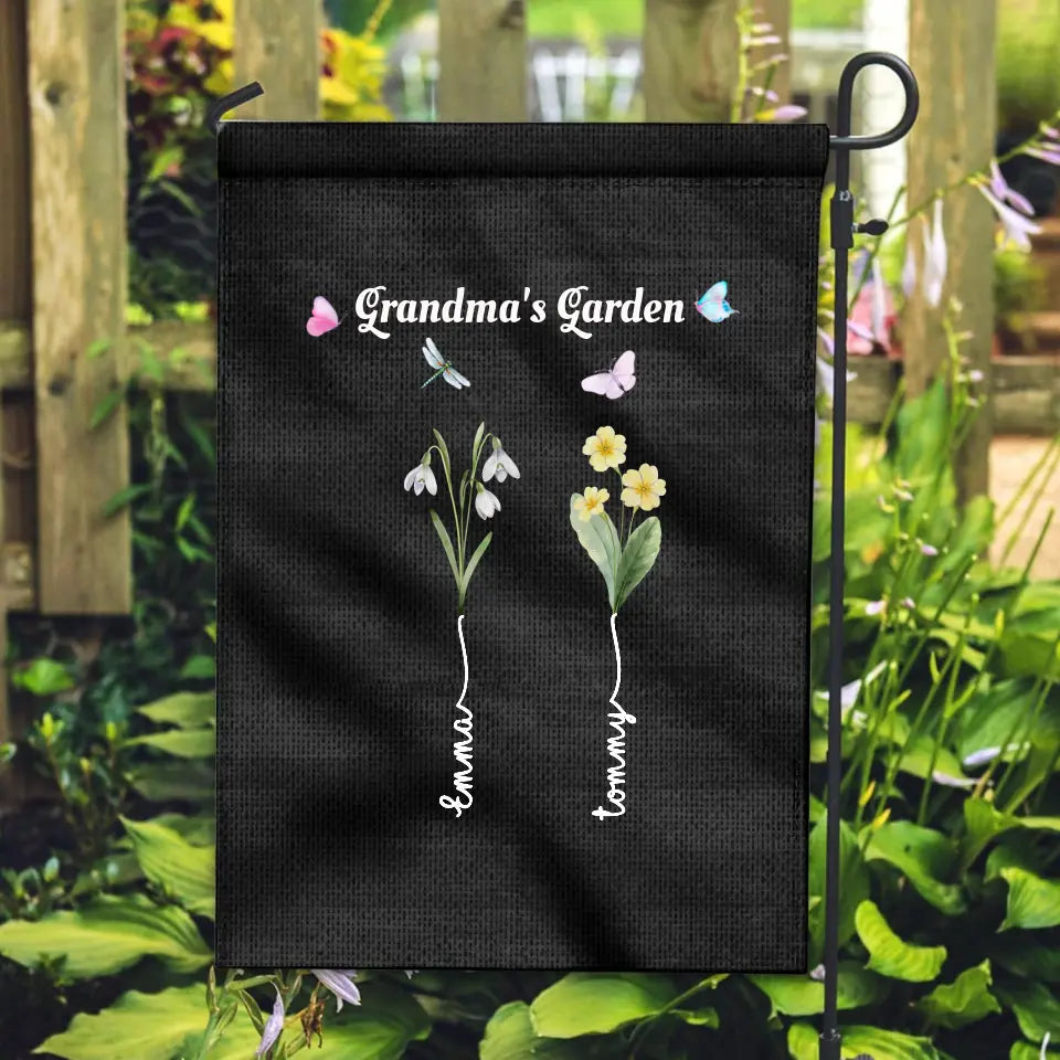 Grandma's Garden with Kids' Birth Month Flowers and Names Garden Flag