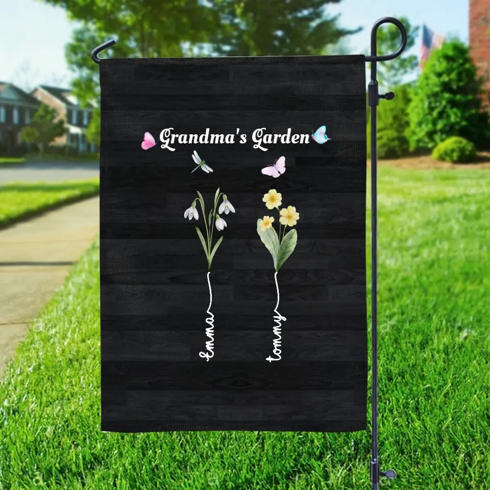 Grandma's Garden with Kids' Birth Month Flowers and Names Garden Flag