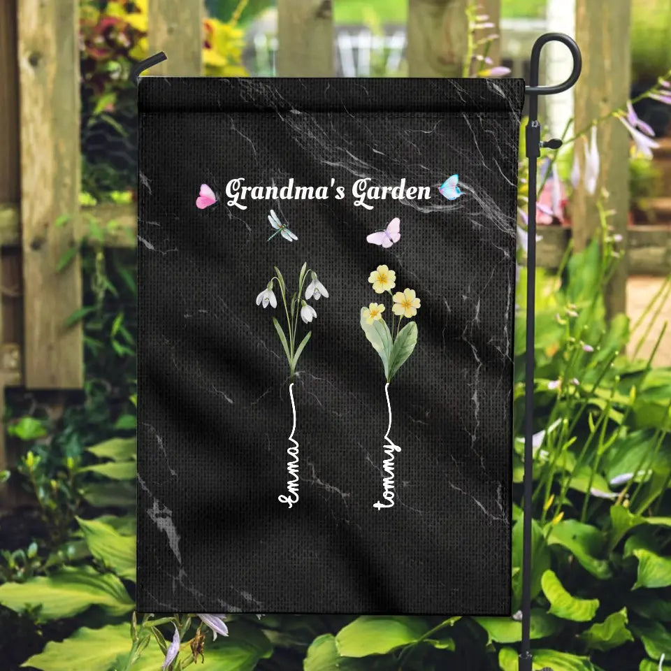 Grandma's Garden with Kids' Birth Month Flowers and Names Garden Flag