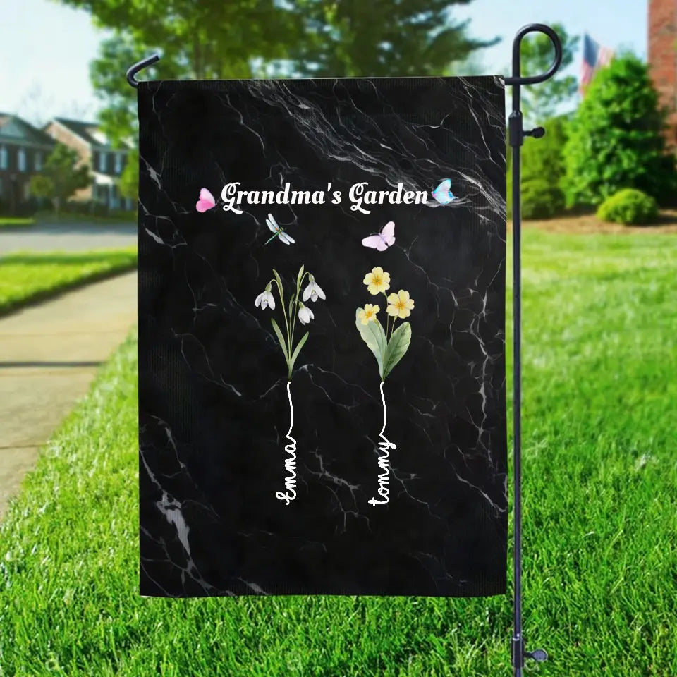 Grandma's Garden with Kids' Birth Month Flowers and Names Garden Flag