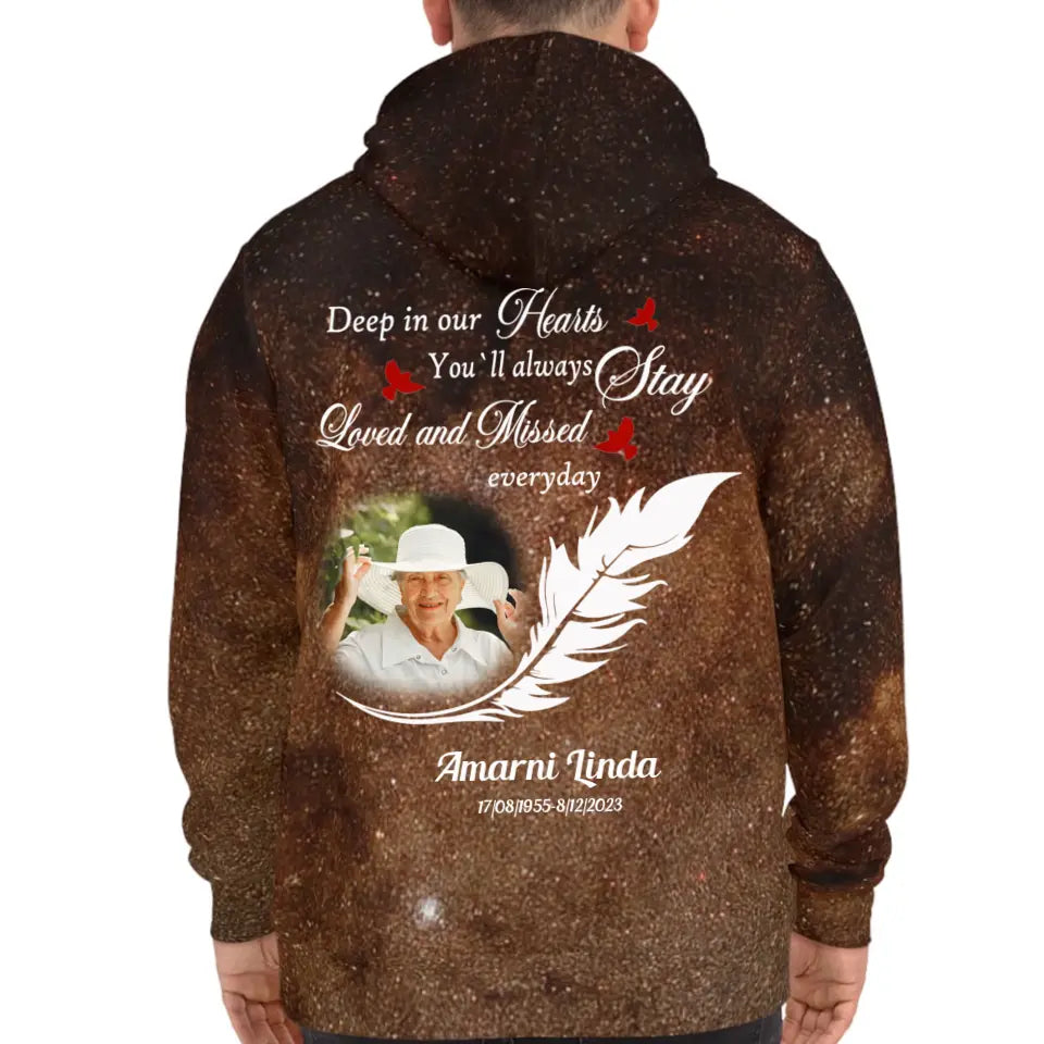 Deep in Our Hearts Feather With Birds Memorial Loss Of Loved One Gift Galaxy Hoodie