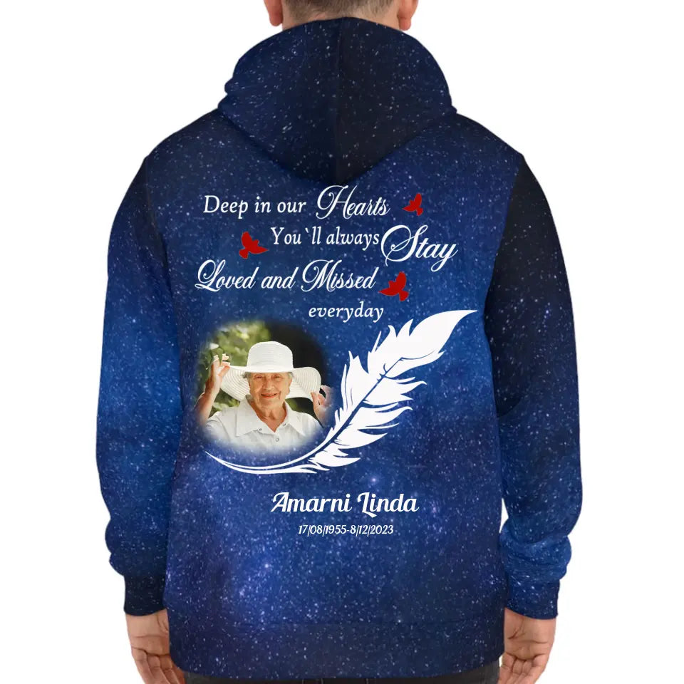 Deep in Our Hearts Feather With Birds Memorial Loss Of Loved One Gift Galaxy Hoodie