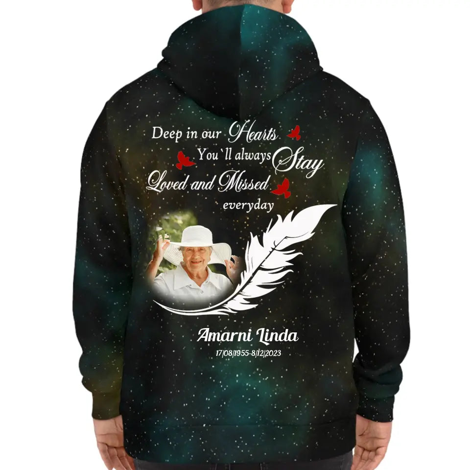 Deep in Our Hearts Feather With Birds Memorial Loss Of Loved One Gift Galaxy Hoodie