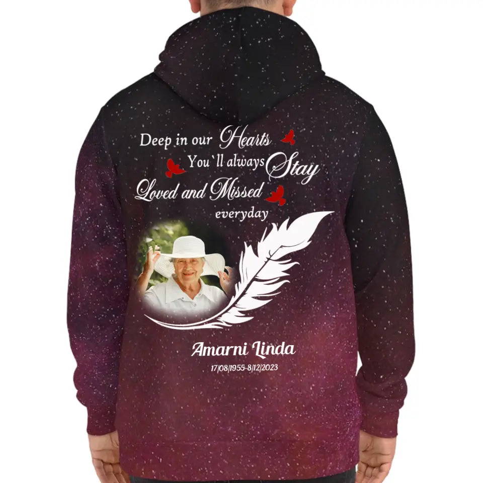 Deep in Our Hearts Feather With Birds Memorial Loss Of Loved One Gift Galaxy Hoodie