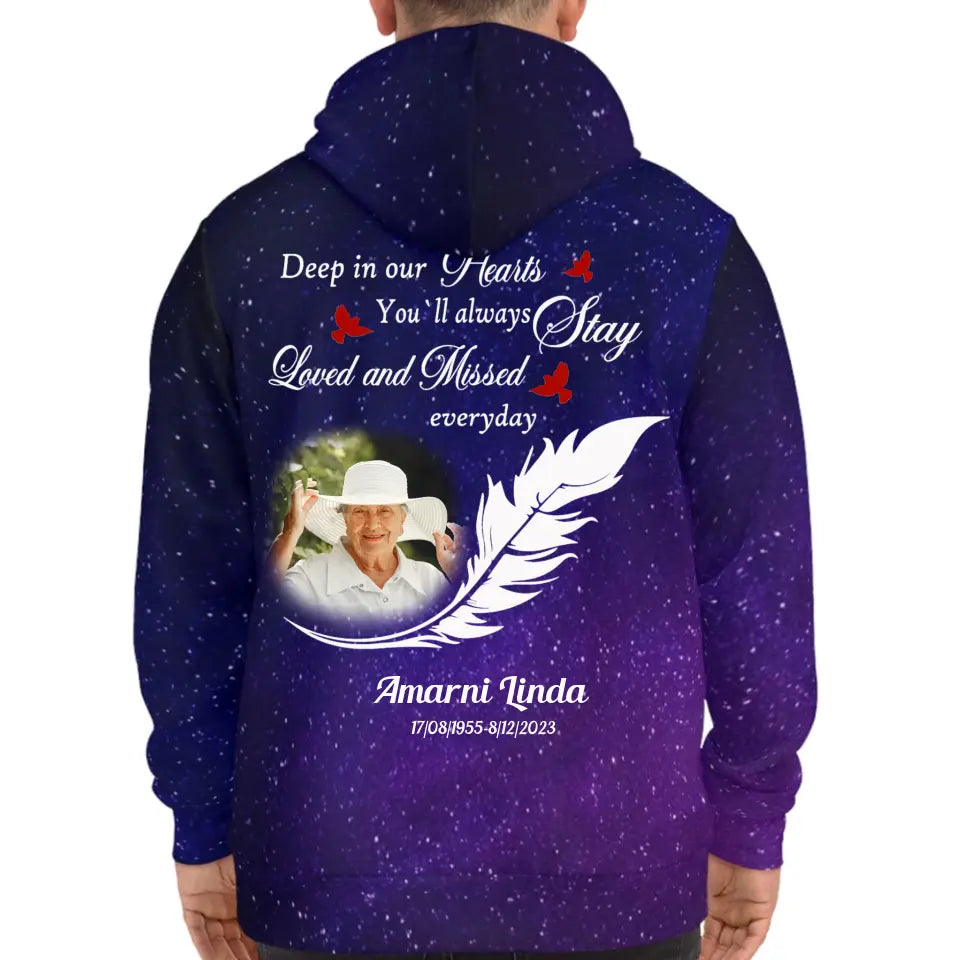 Deep in Our Hearts Feather With Birds Memorial Loss Of Loved One Gift Galaxy Hoodie