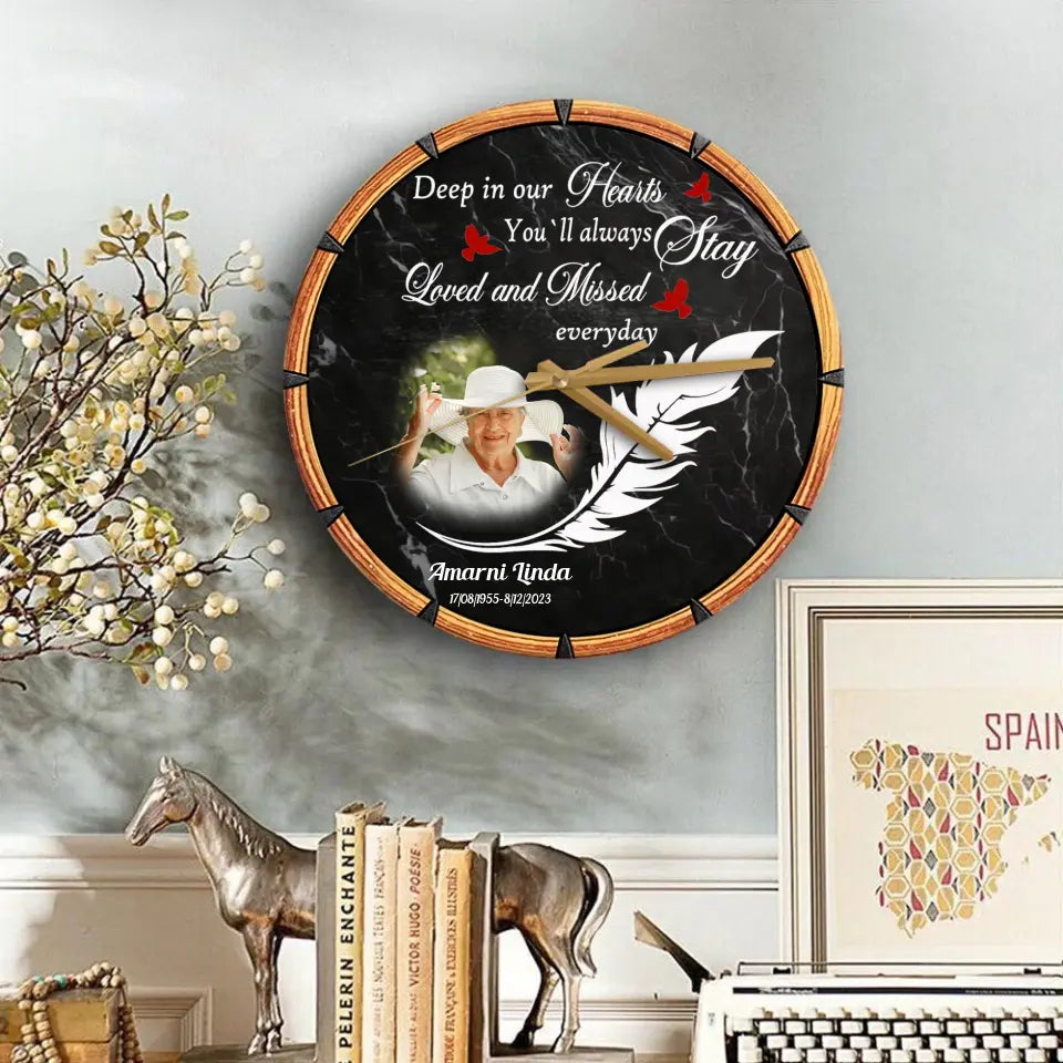 Deep in Our Hearts Feather With Birds Memorial Loss Of Dad Mom Gift Wooden Clock