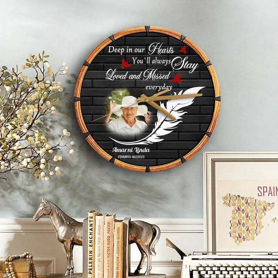 Deep in Our Hearts Feather With Birds Memorial Loss Of Dad Mom Gift Wooden Clock