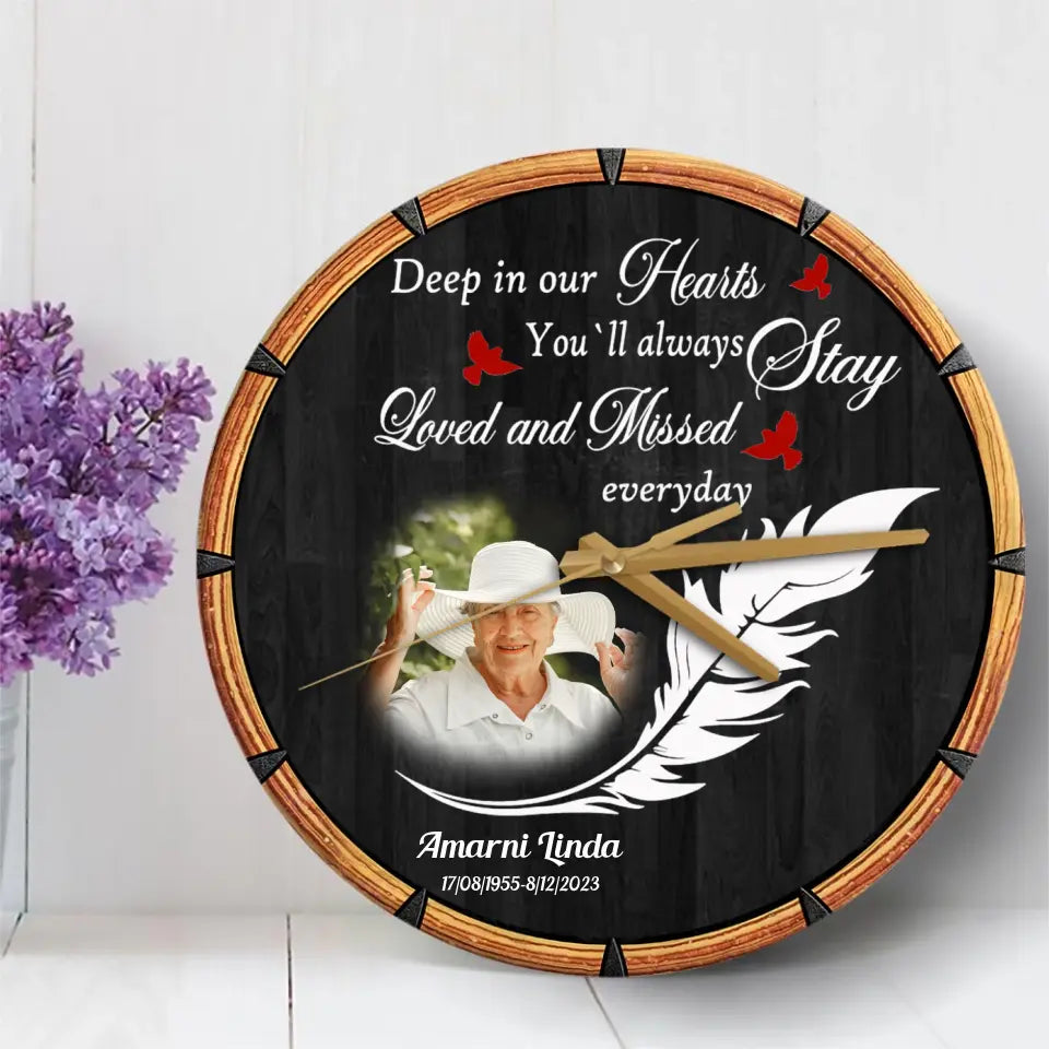 Deep in Our Hearts Feather With Birds Memorial Loss Of Dad Mom Gift Wooden Clock