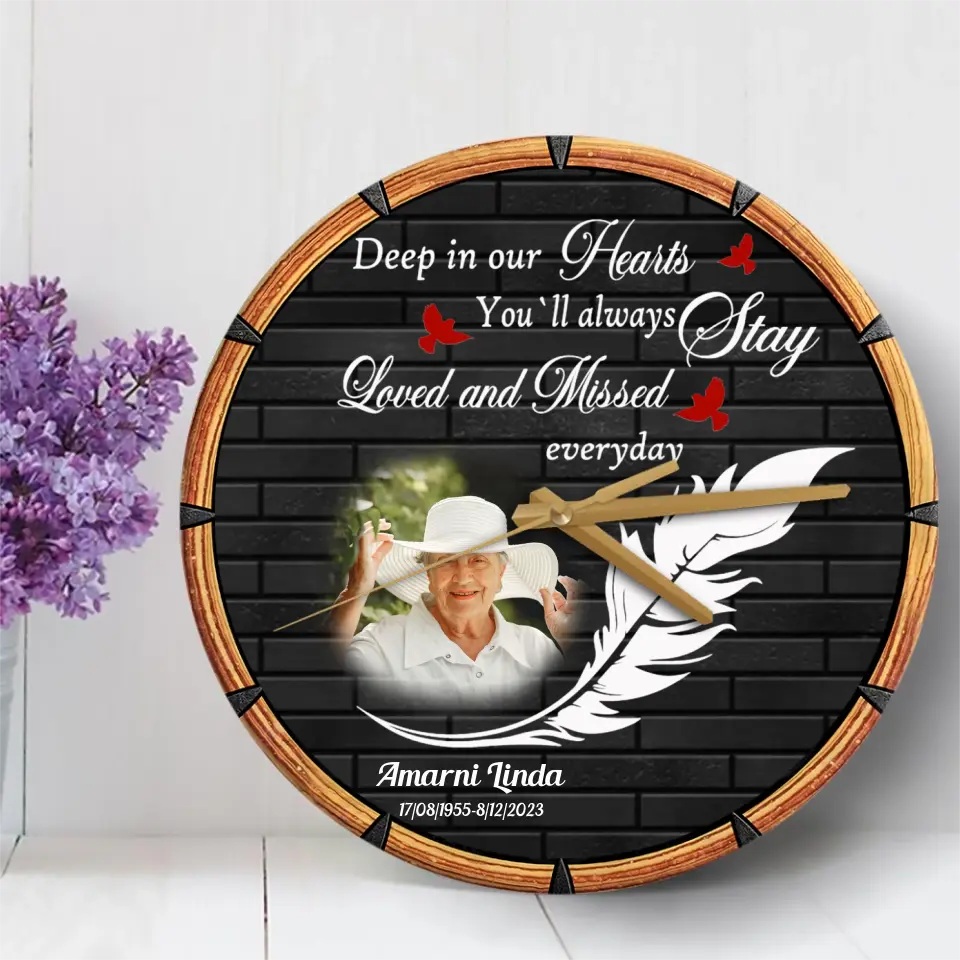 Deep in Our Hearts Feather With Birds Memorial Loss Of Dad Mom Gift Wooden Clock