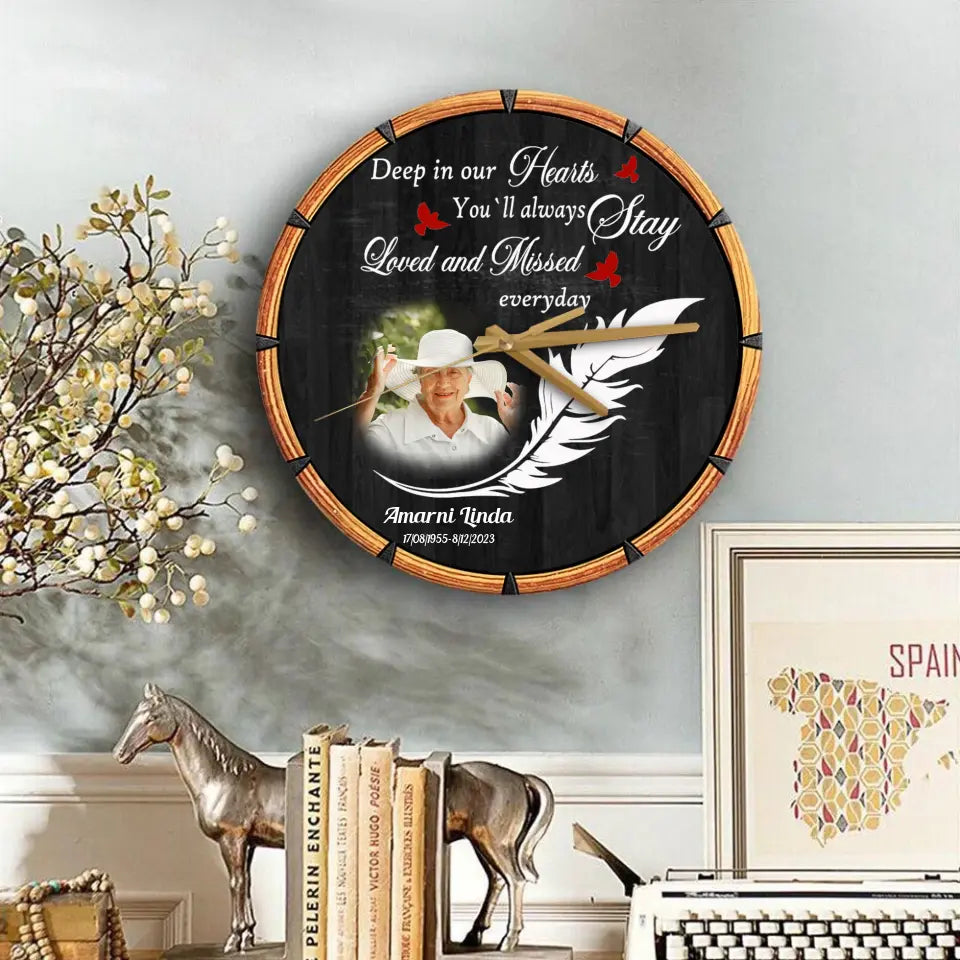 Deep in Our Hearts Feather With Birds Memorial Loss Of Dad Mom Gift Wooden Clock