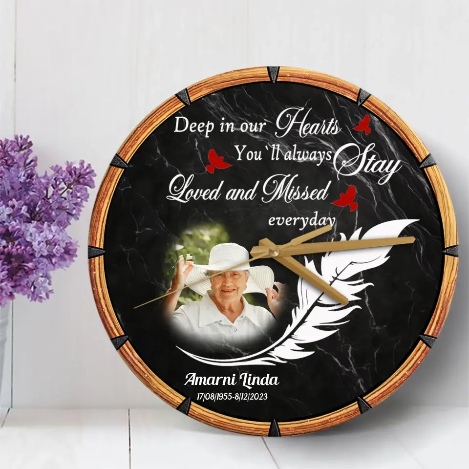 Deep in Our Hearts Feather With Birds Memorial Loss Of Dad Mom Gift Wooden Clock