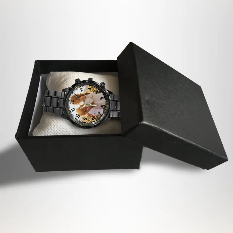 Create a Couple Gifts for Him with Couple Photo on Black Stainless Steel Watch