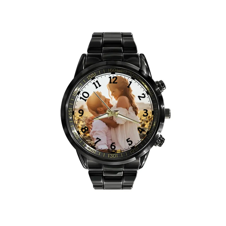 Create a Couple Gifts for Him with Couple Photo on Black Stainless Steel Watch