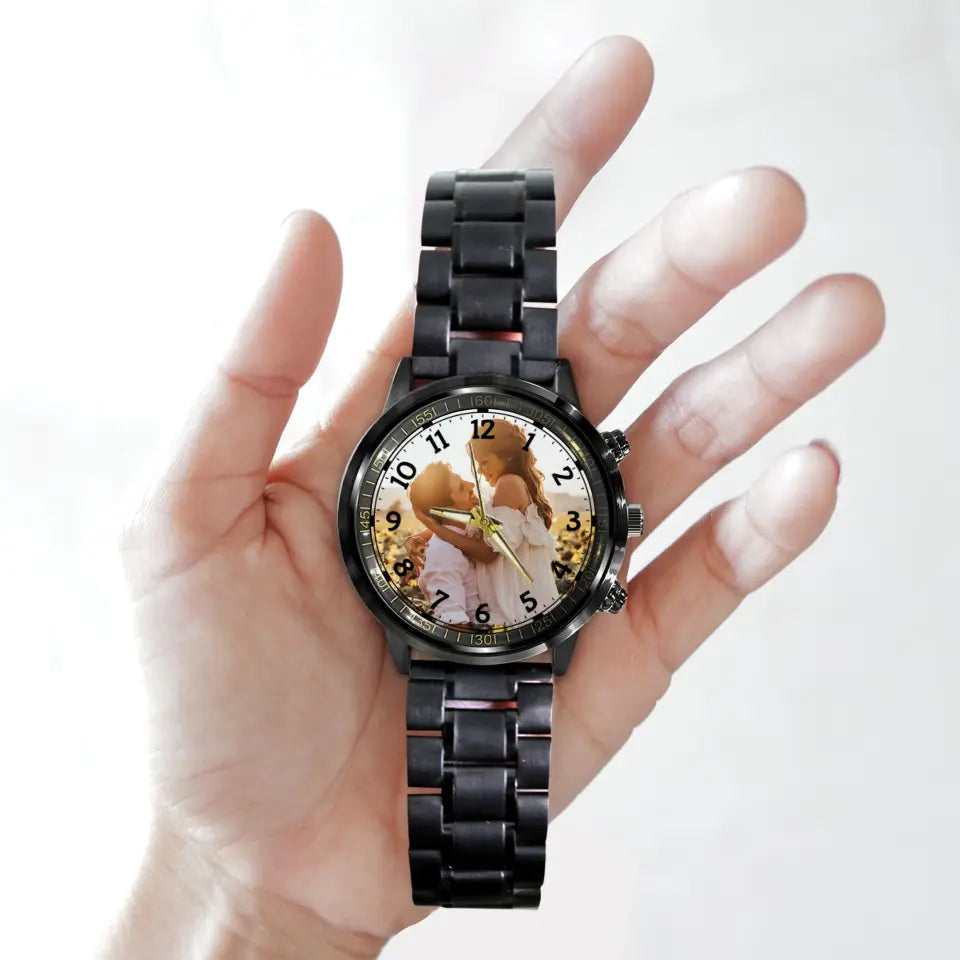 Create a Couple Gifts for Him with Couple Photo on Black Stainless Steel Watch