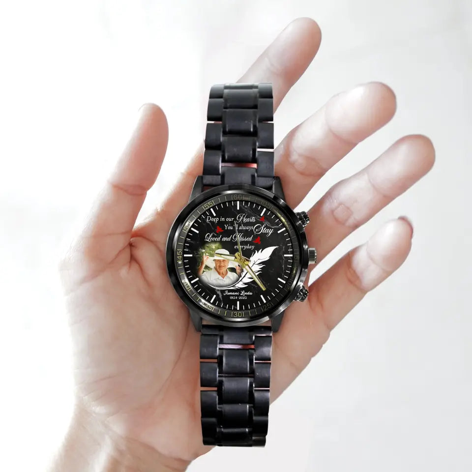 Deep in Our Hearts Feather With Birds Memorial Gift Loss Of Dad Mom Black Stainless Steel Watch