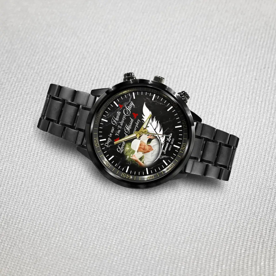 Deep in Our Hearts Feather With Birds Memorial Gift Loss Of Dad Mom Black Stainless Steel Watch