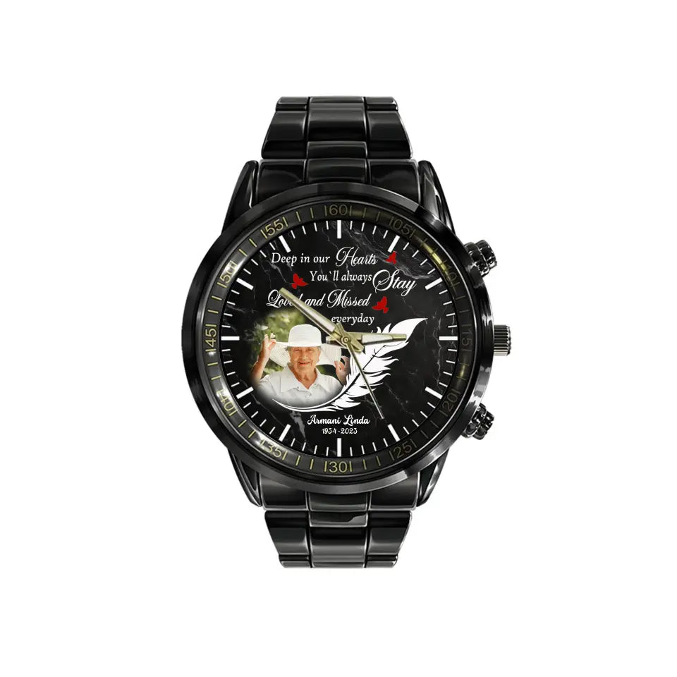 Deep in Our Hearts Feather With Birds Memorial Gift Loss Of Dad Mom Black Stainless Steel Watch