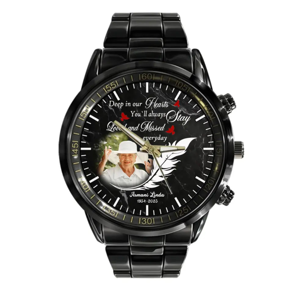 Deep in Our Hearts Feather With Birds Memorial Gift Loss Of Dad Mom Black Stainless Steel Watch