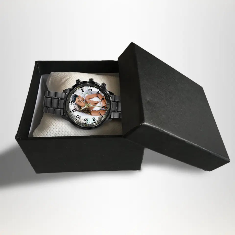 Gift for Groom Wedding Gift for Men Black Stainless Steel Watch