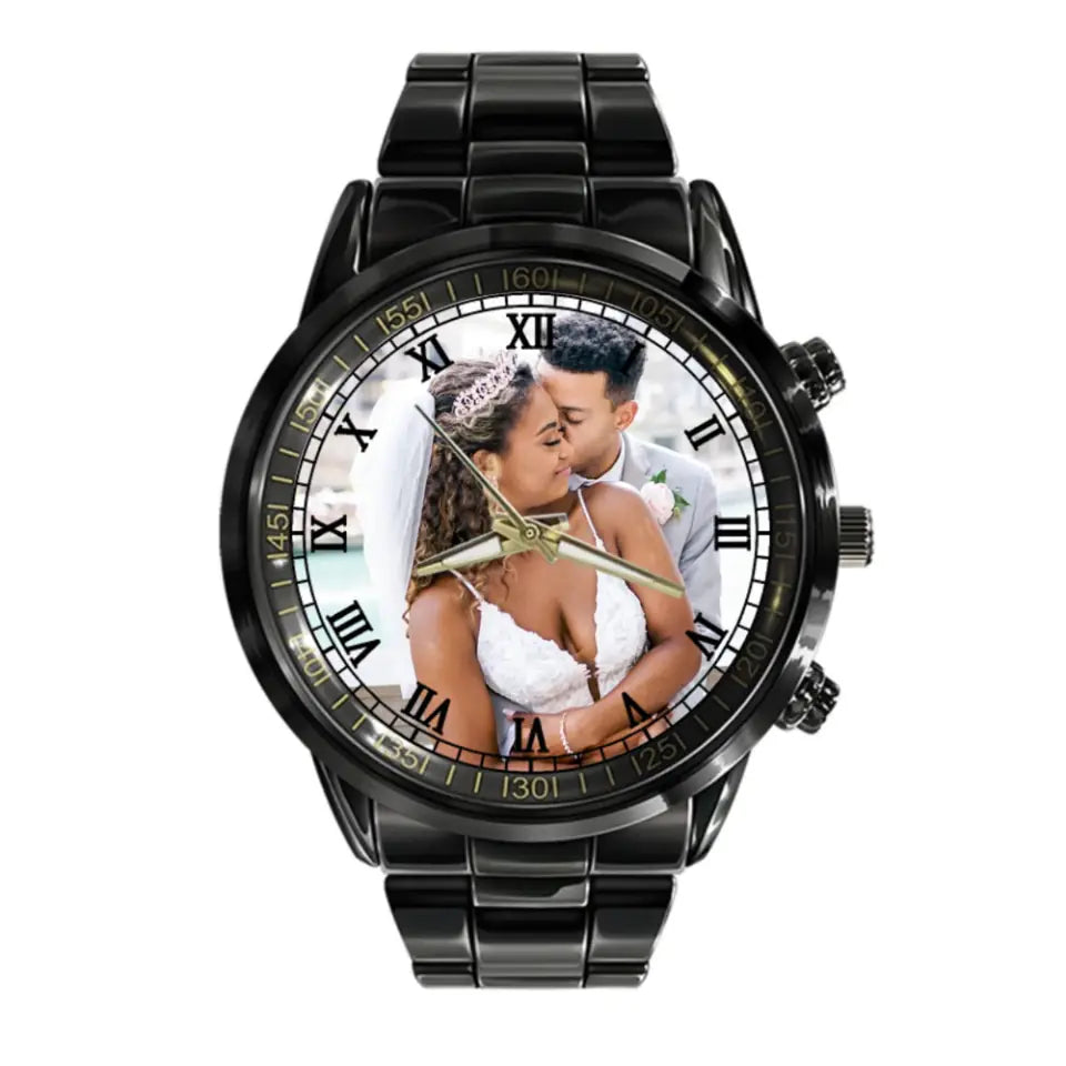 Gift for Groom Wedding Gift for Men Black Stainless Steel Watch