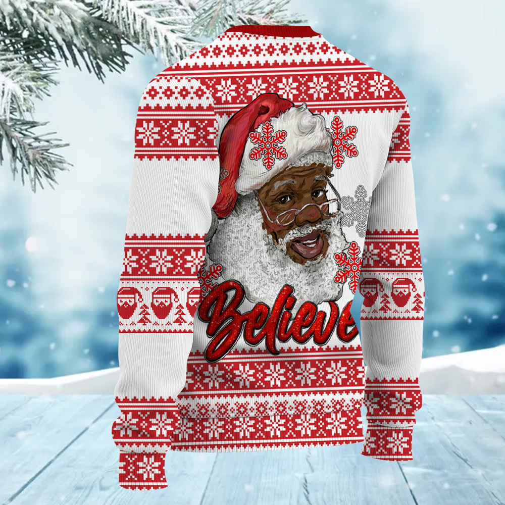 African American Santa Believe Merry Christmas Ugly Sweater for Adult & Kids