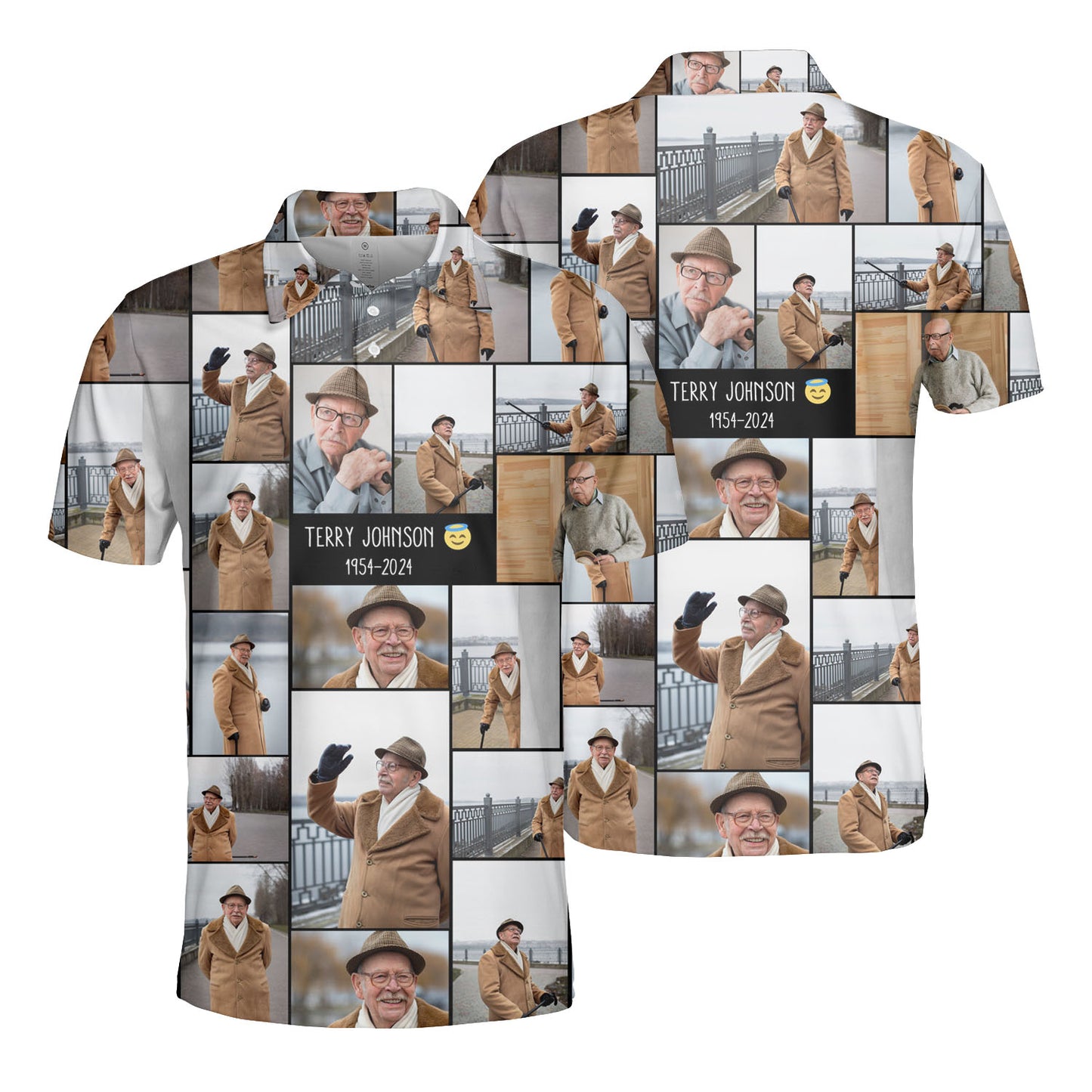 Create a Memorial Gifts for Loss Of Father with Collage Photo & Text on AOP Polo Shirt