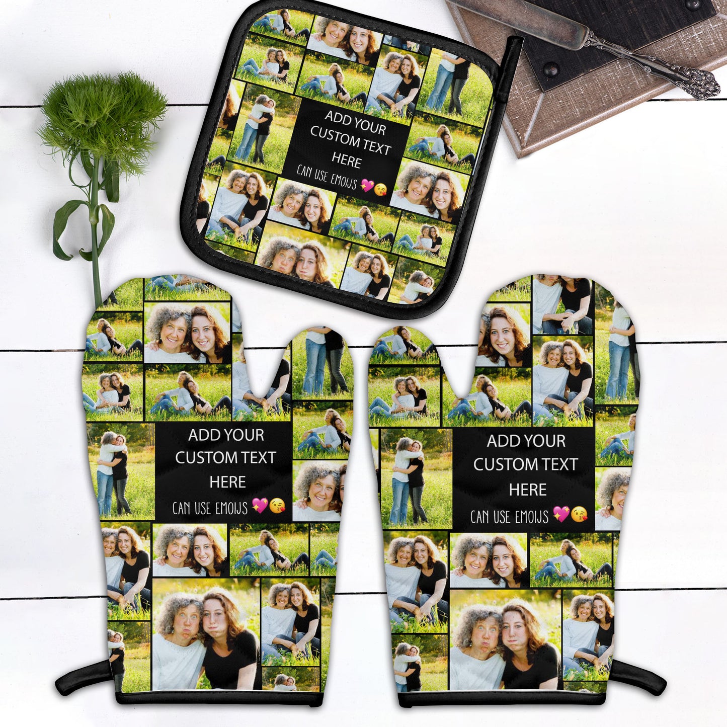 Create Your Own Mom’s Combo 2 Oven mitts and 1 Pot-Holder – Photo Collage & Custom Text
