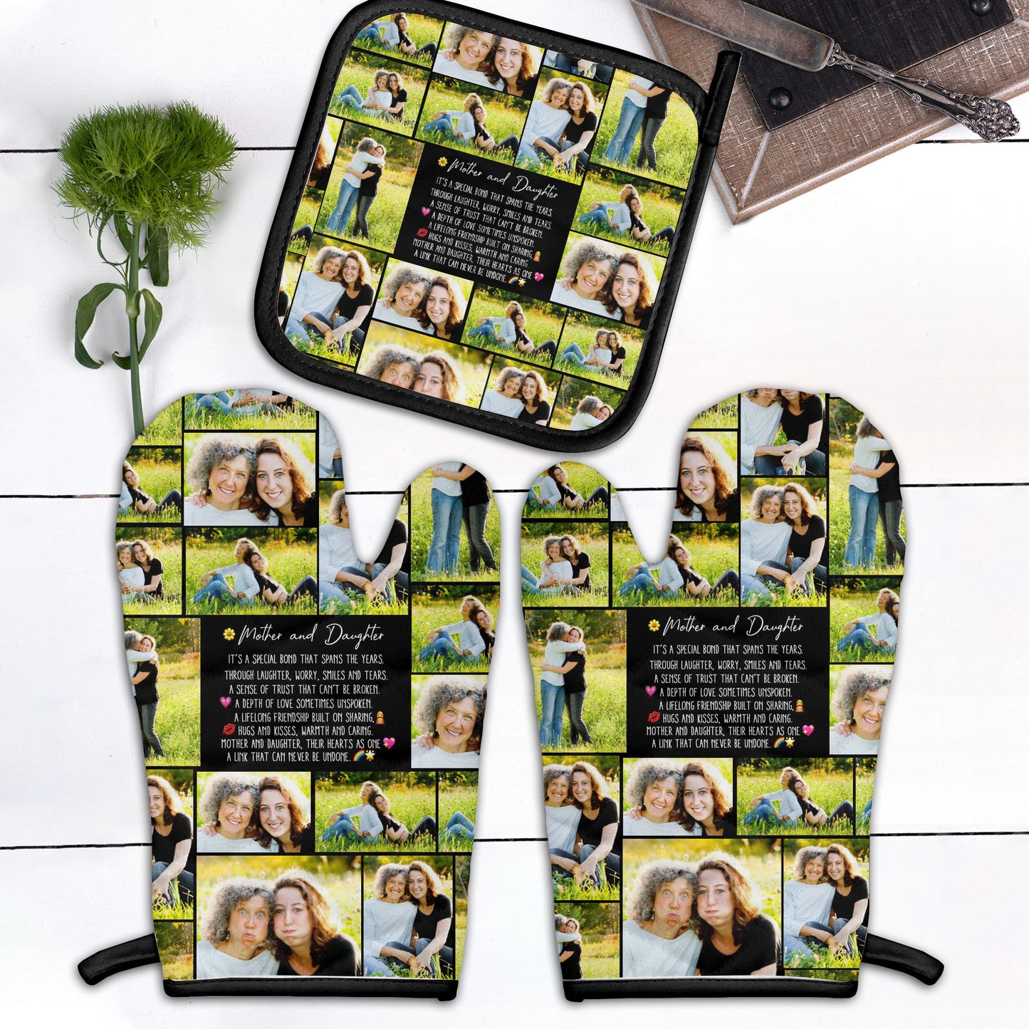 Create Your Own Mom’s Combo 2 Oven mitts and 1 Pot-Holder – Photo Collage & Custom Text