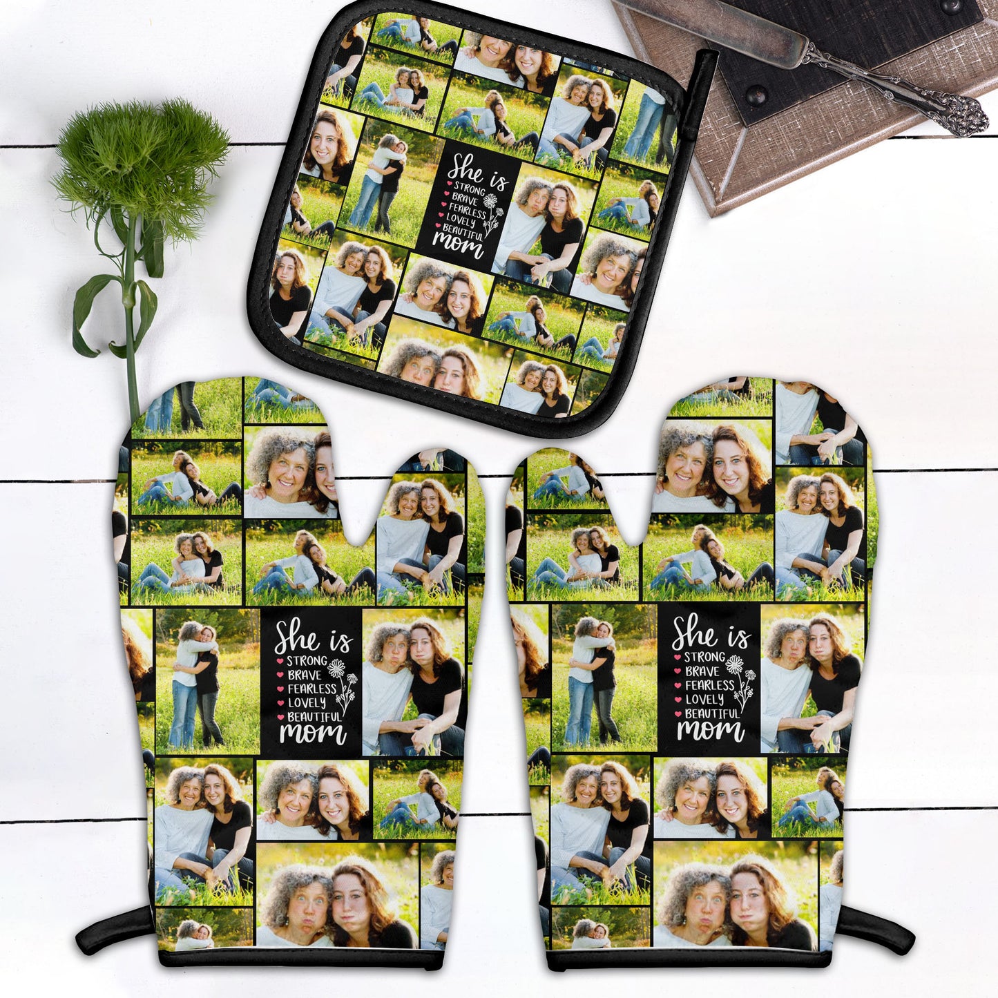 Create Your Own Mom’s Combo 2 Oven mitts and 1 Pot-Holder – Photo Collage & Custom Text