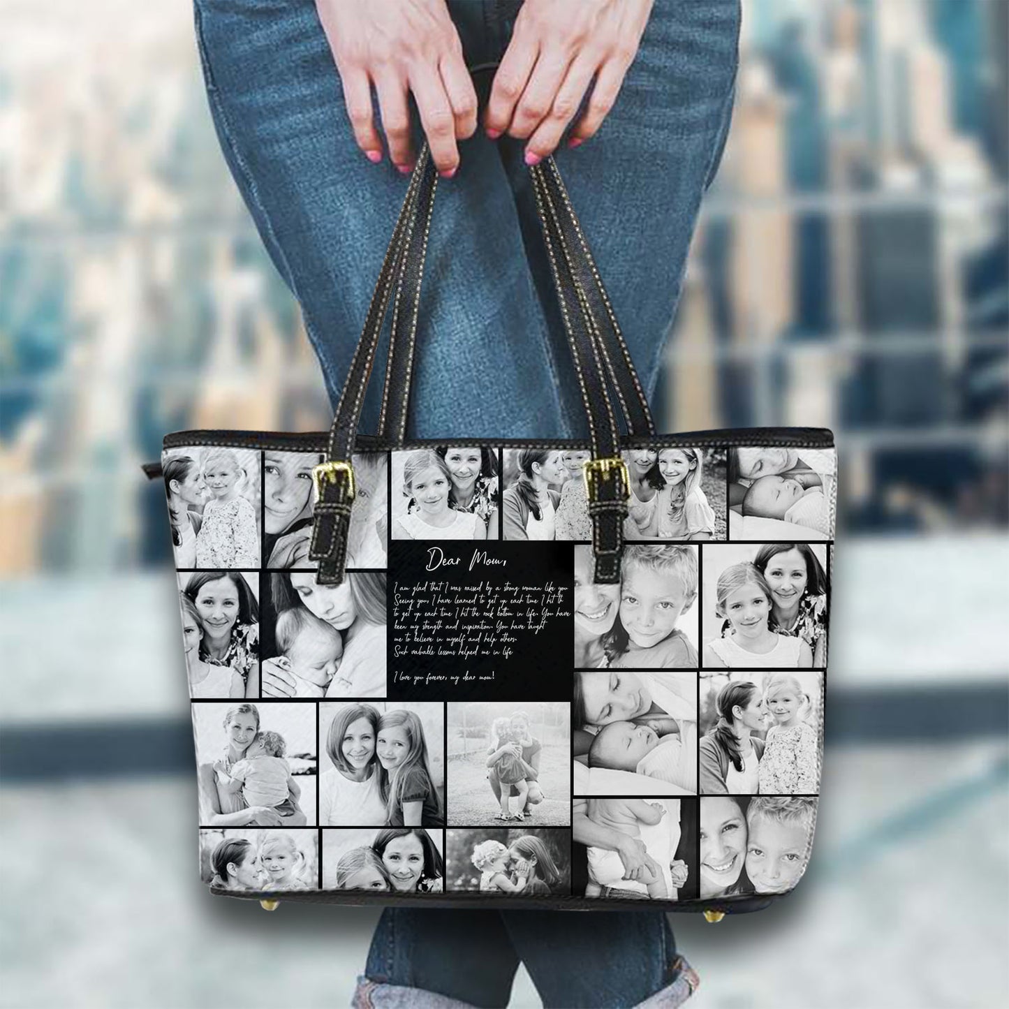 Create Your Own Mom’s Leather Tote Bag – Photo Collage & Custom Text
