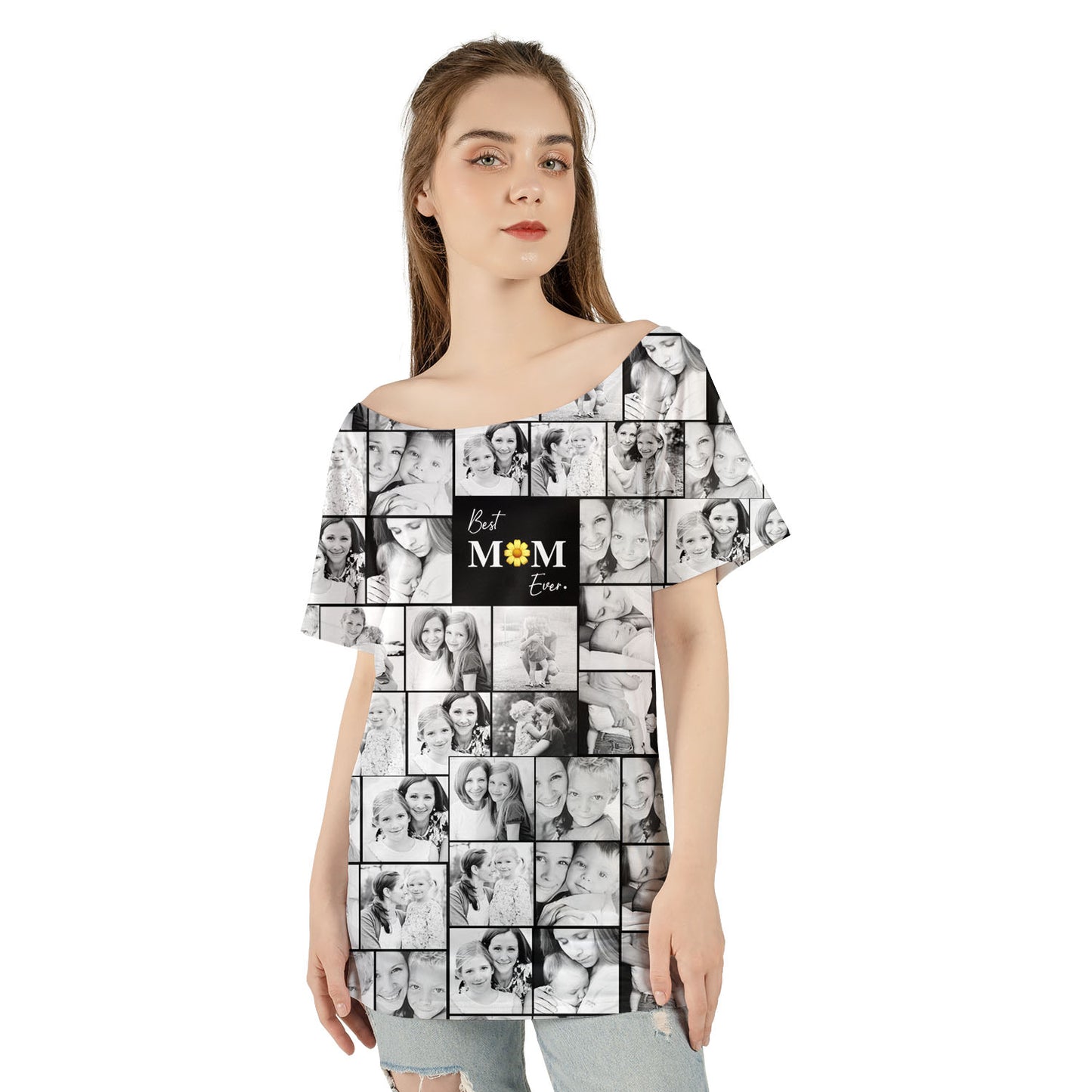 Create Your Own Mom’s Women's Off-the-shoulder T-shirt – Photo Collage & Custom Text