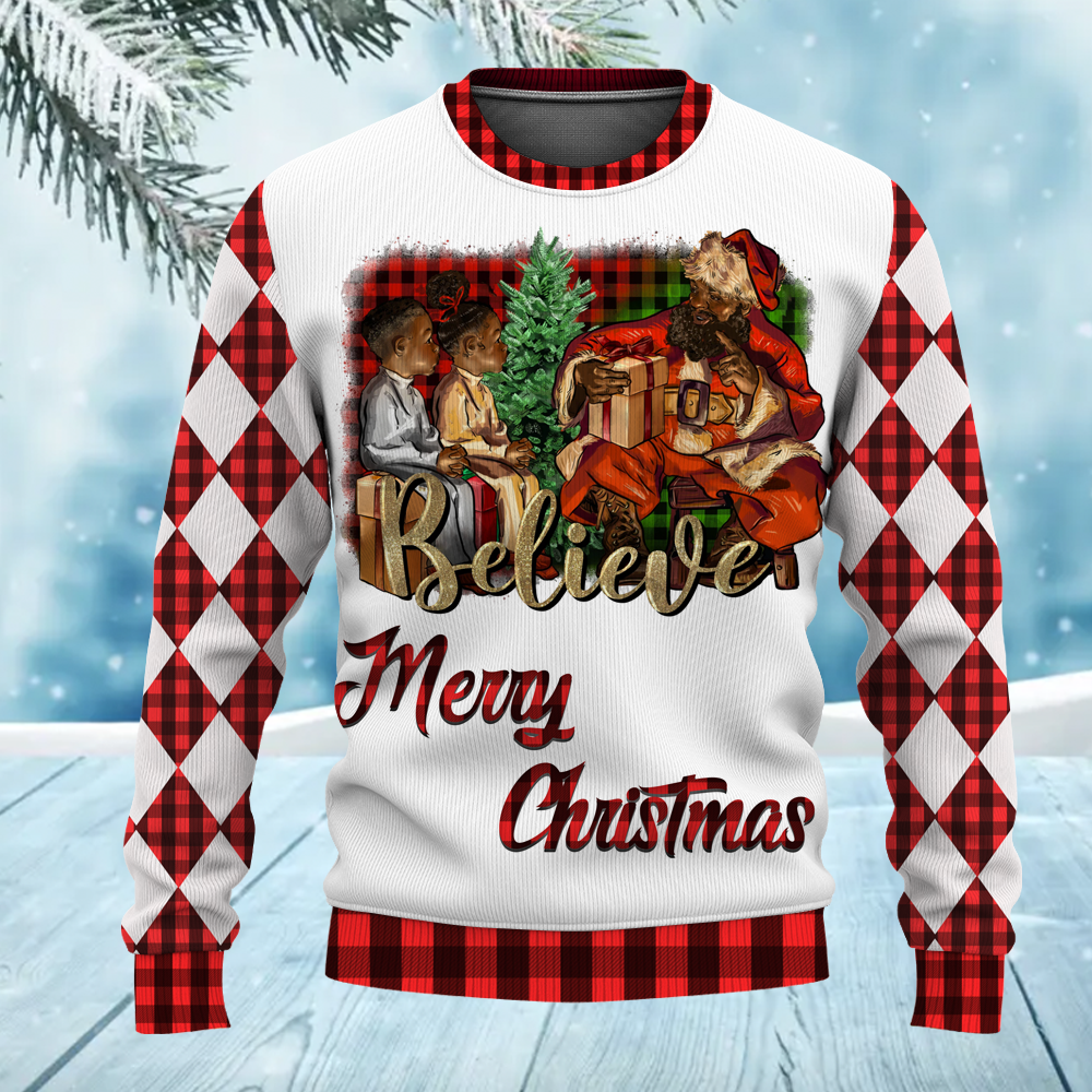 Ho Ho Ho Pink Afro African American Santa Claus Christmas Ugly Sweater for Men & Women