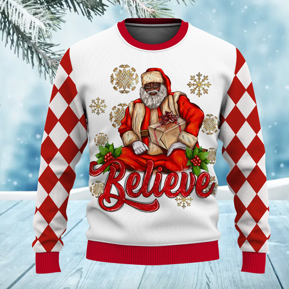 African American Santa Believe Merry Christmas Ugly Sweater for Adult & Kids