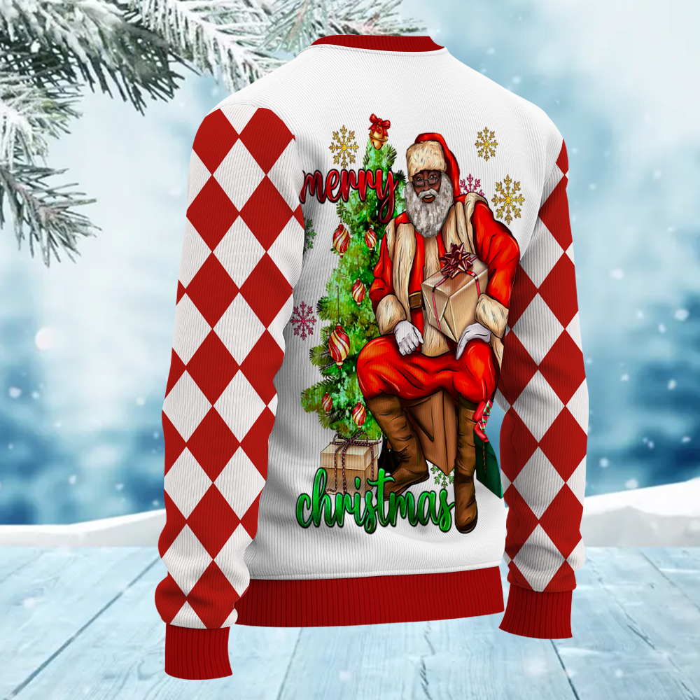 Ho Ho Ho Pink Afro African American Santa Claus Christmas Ugly Sweater for Men & Women